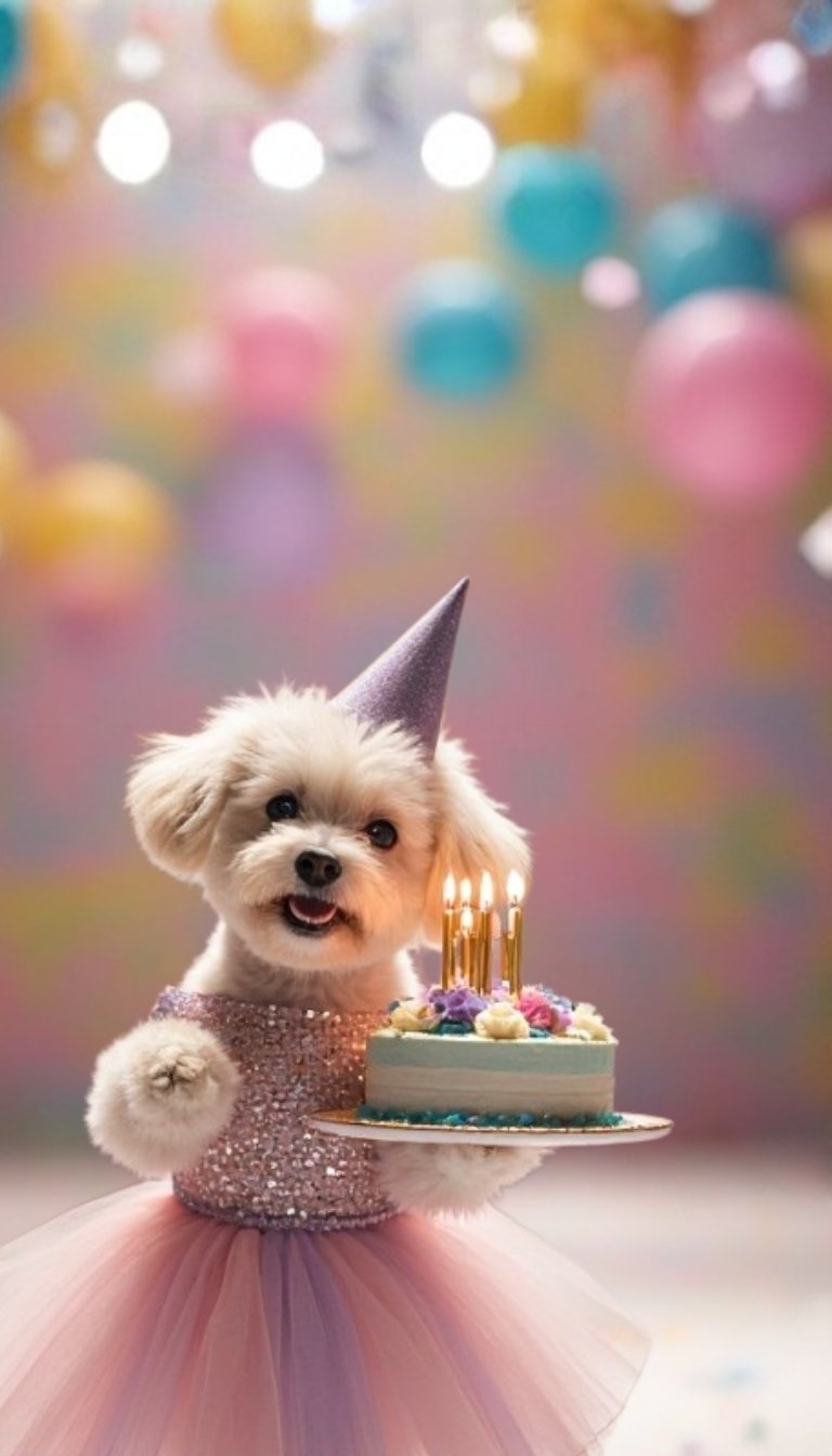 free ecards-virtual greeting cards-design white dog holding a birthday cake wearing a pink dress