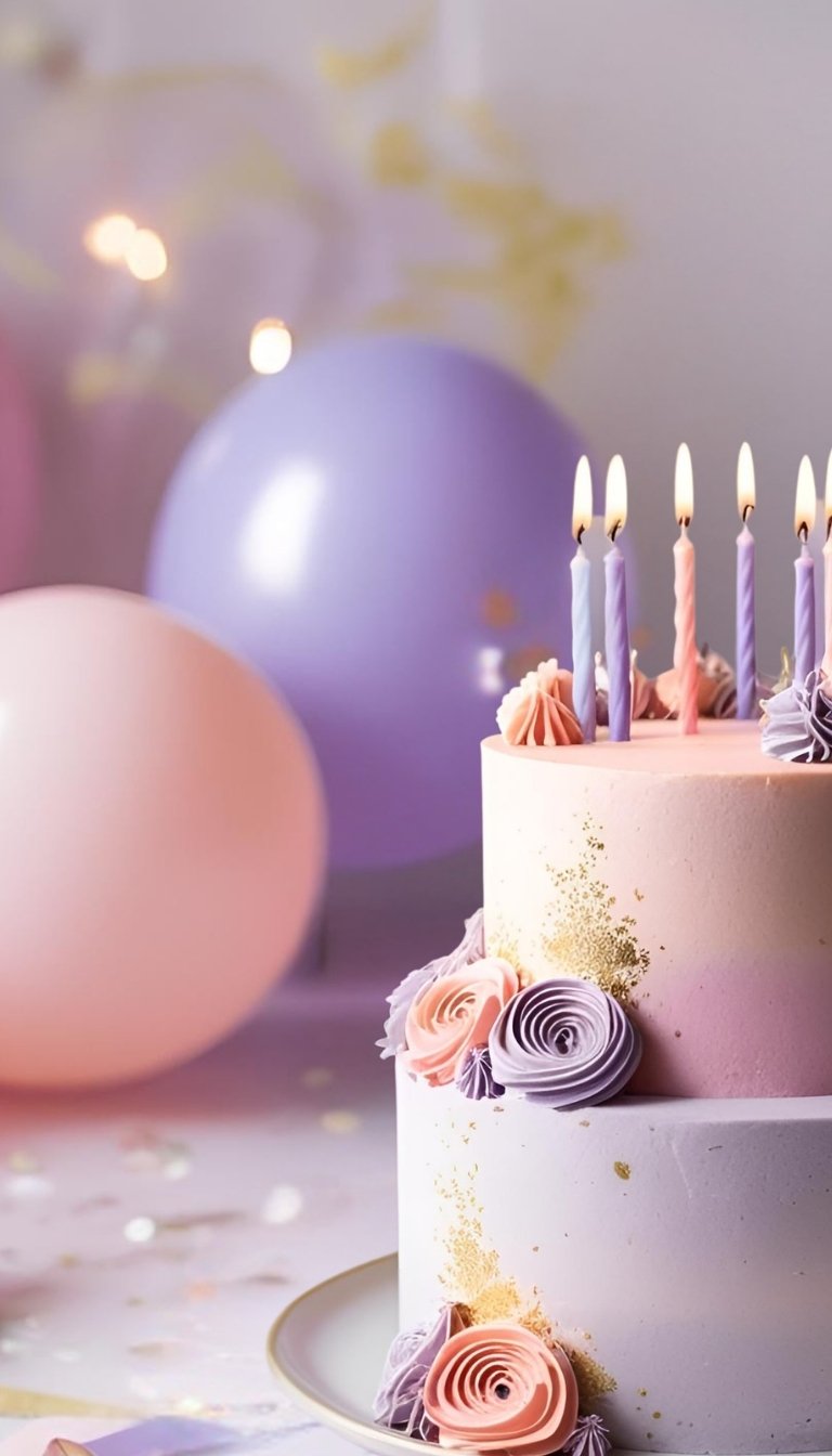 free ecards-virtual greeting cards-design pastel pink and lavender cake and balloons