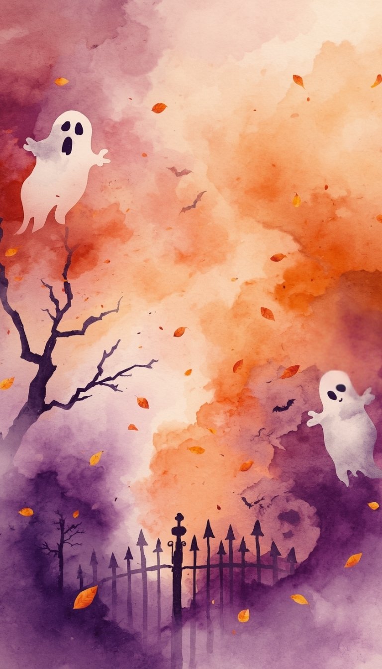 free ecards-virtual greeting cards-orange and purple watercolor ghost themed background