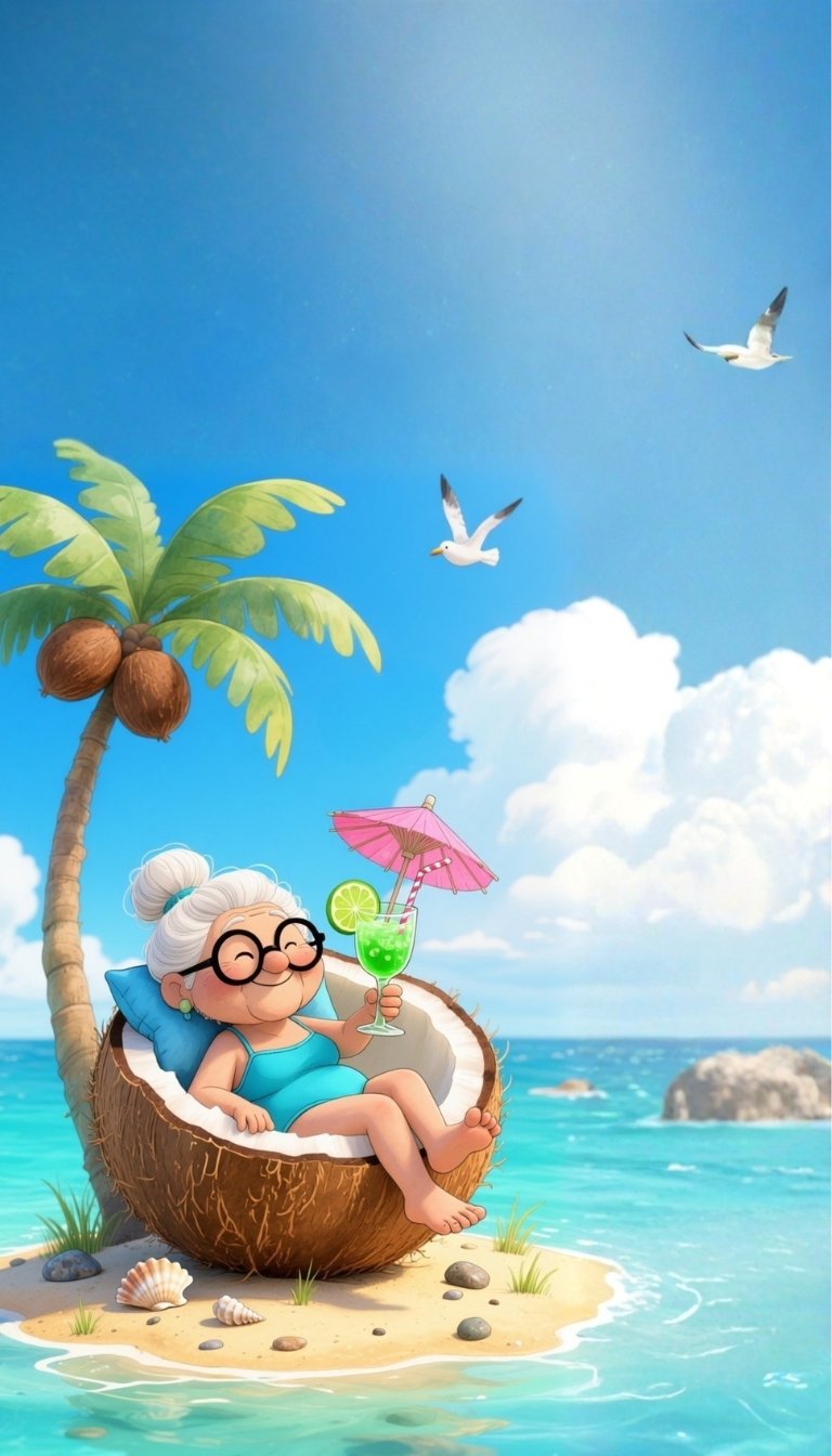 free ecards-virtual greeting cards- an elderly woman sitting in a coconut relaxing on the beach