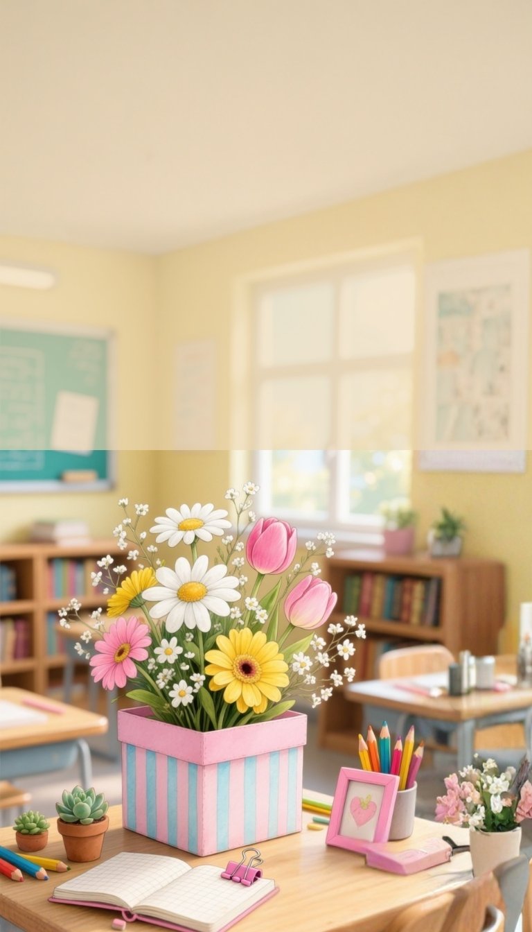 free ecards-virtual greeting cards- classroom scene with flowers on a desk