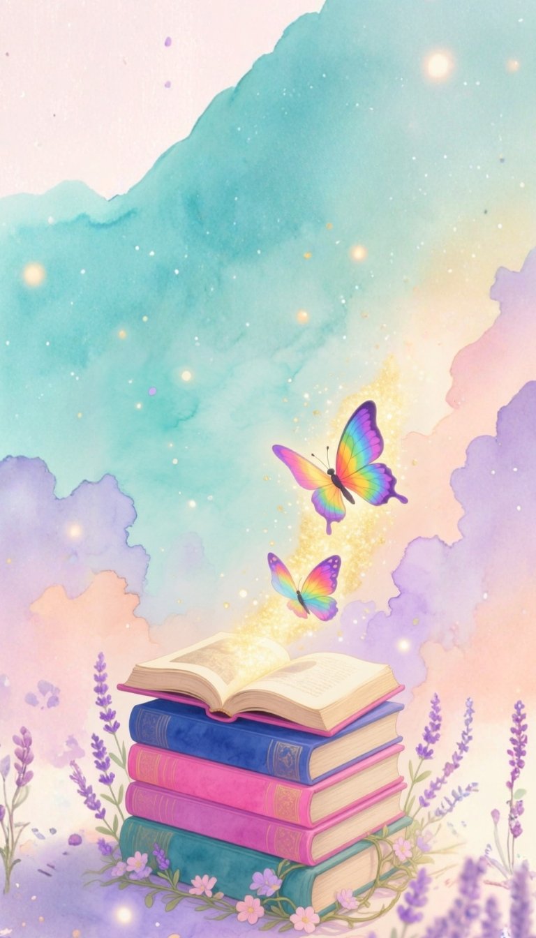 free ecards-virtual greeting cards- beautiful vibrant watercolor image of books and butterflies