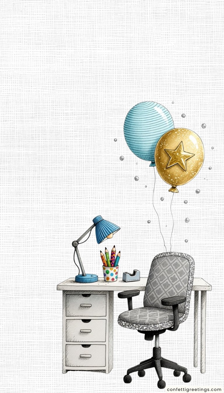 free ecards-virtual greeting cards- gray desk and chair with blue and gold balloon