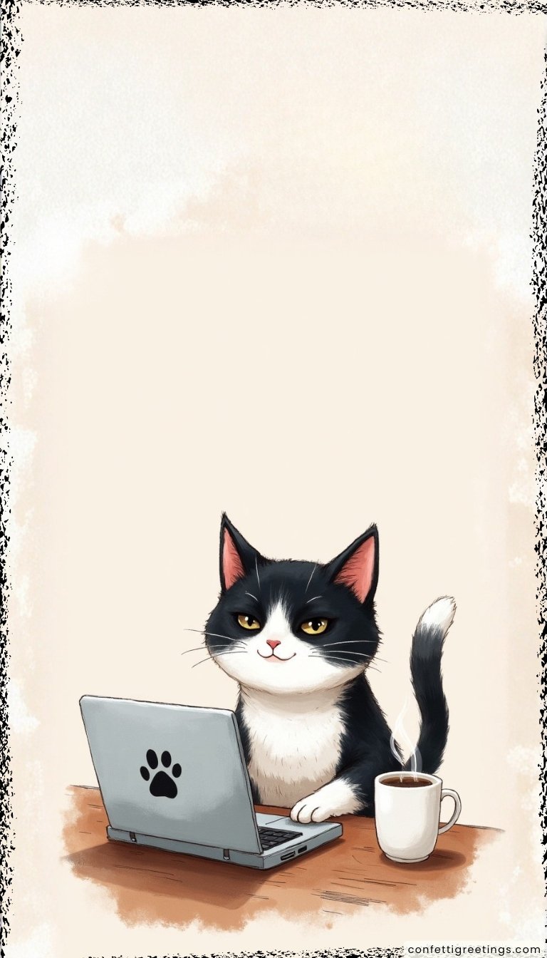 free ecards-virtual greeting cards- black and white cat in front of a laptop with a cup of coffee