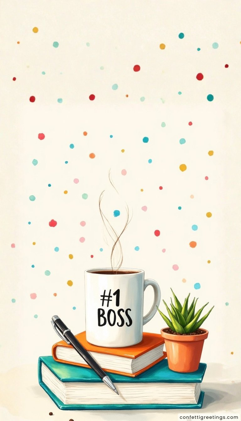 free ecards-virtual greeting cards- a stack of books with a coffee cup with #1 Boss on it
