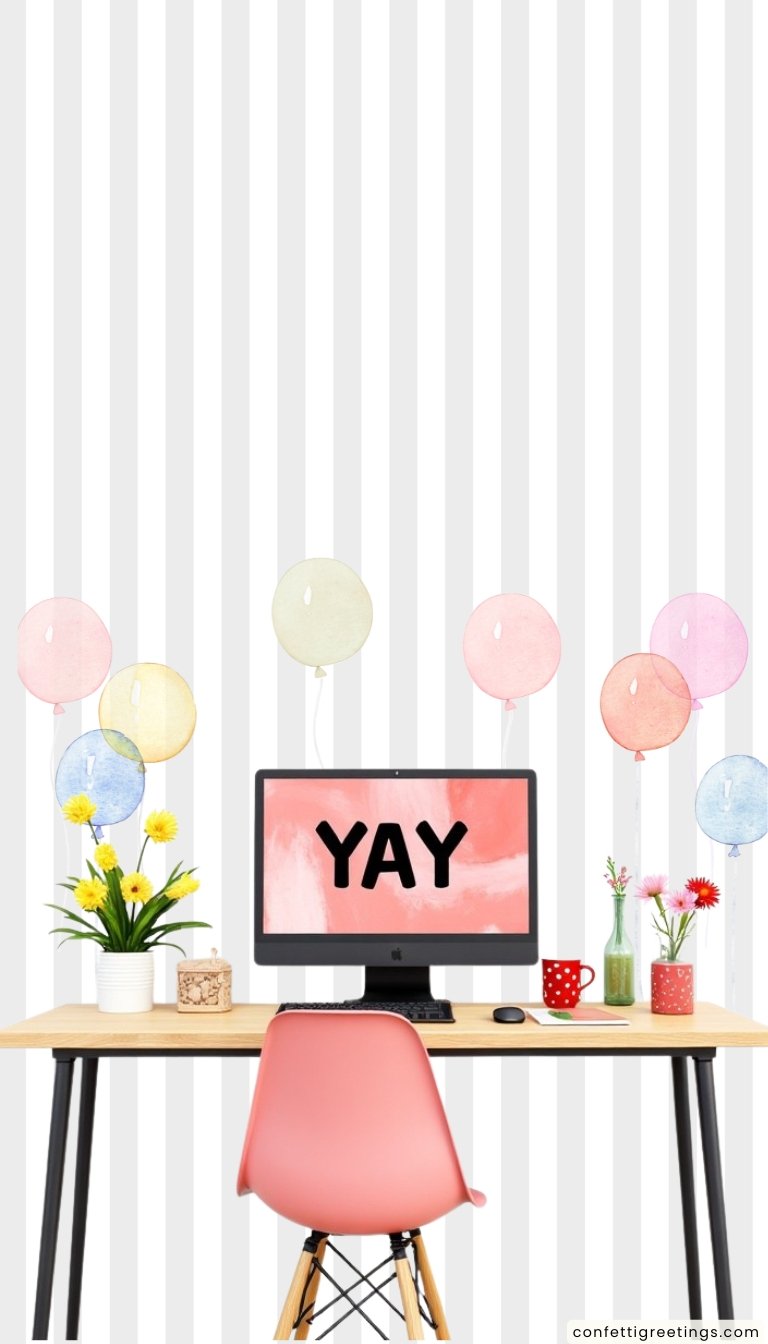 free ecards-virtual greeting cards- modern desk with a pink chair, computer, potted flowers and pastel balloons
