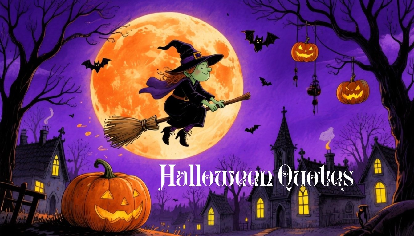 Halloween Quotes - cartoon witch flying on a broom against a huge glowing moon