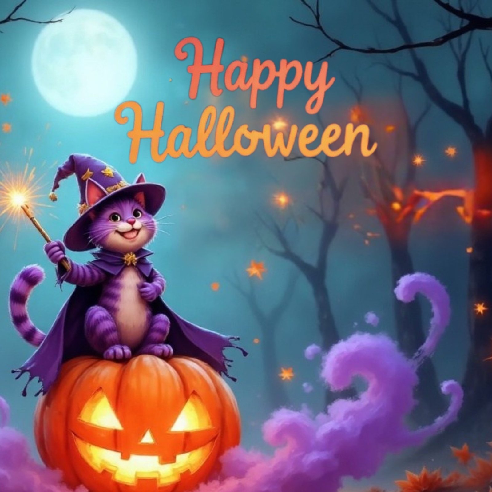 happy halloween messages cat dressed as a witch sitting on a large jack-o-lantern