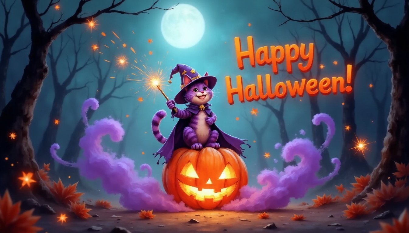 happy halloween messages cat dressed as a witch sitting on a large jack-o-lantern