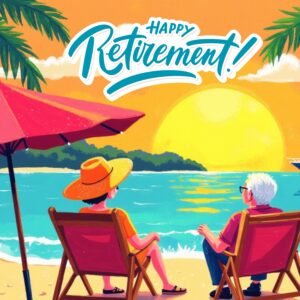 congratulations on your retirement messages- image of a retired couple sitting on loungers looking at the ocean