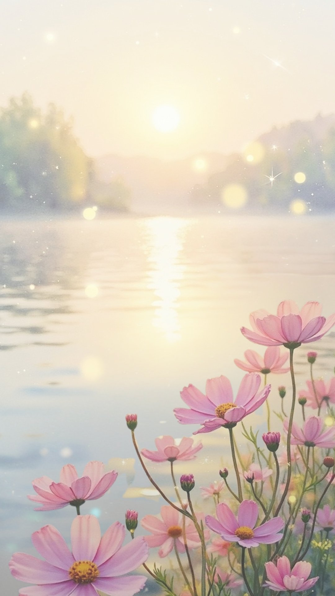 serene lake background with pink flowers