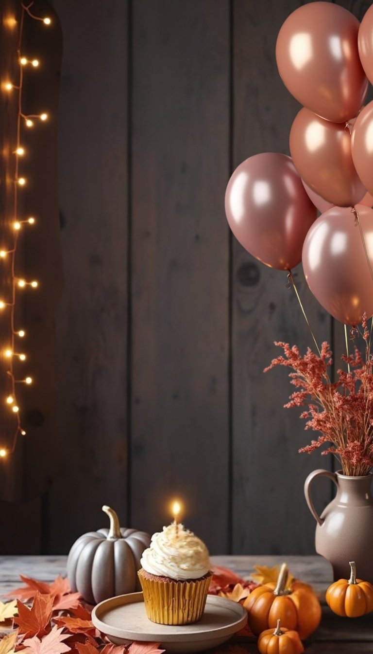 thanksgiving birthday cupcake with fall theme decor and pink ballons