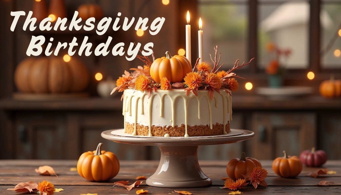 Thanksgiving Birthday cake decorated with orange flowers and pumpkins with white frosting and lit birthday candles