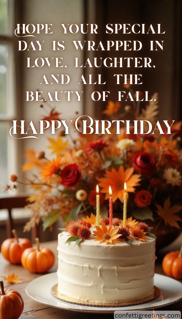 fall birthday greeting - fall decorated birthday cake with lit candles sitting by a window