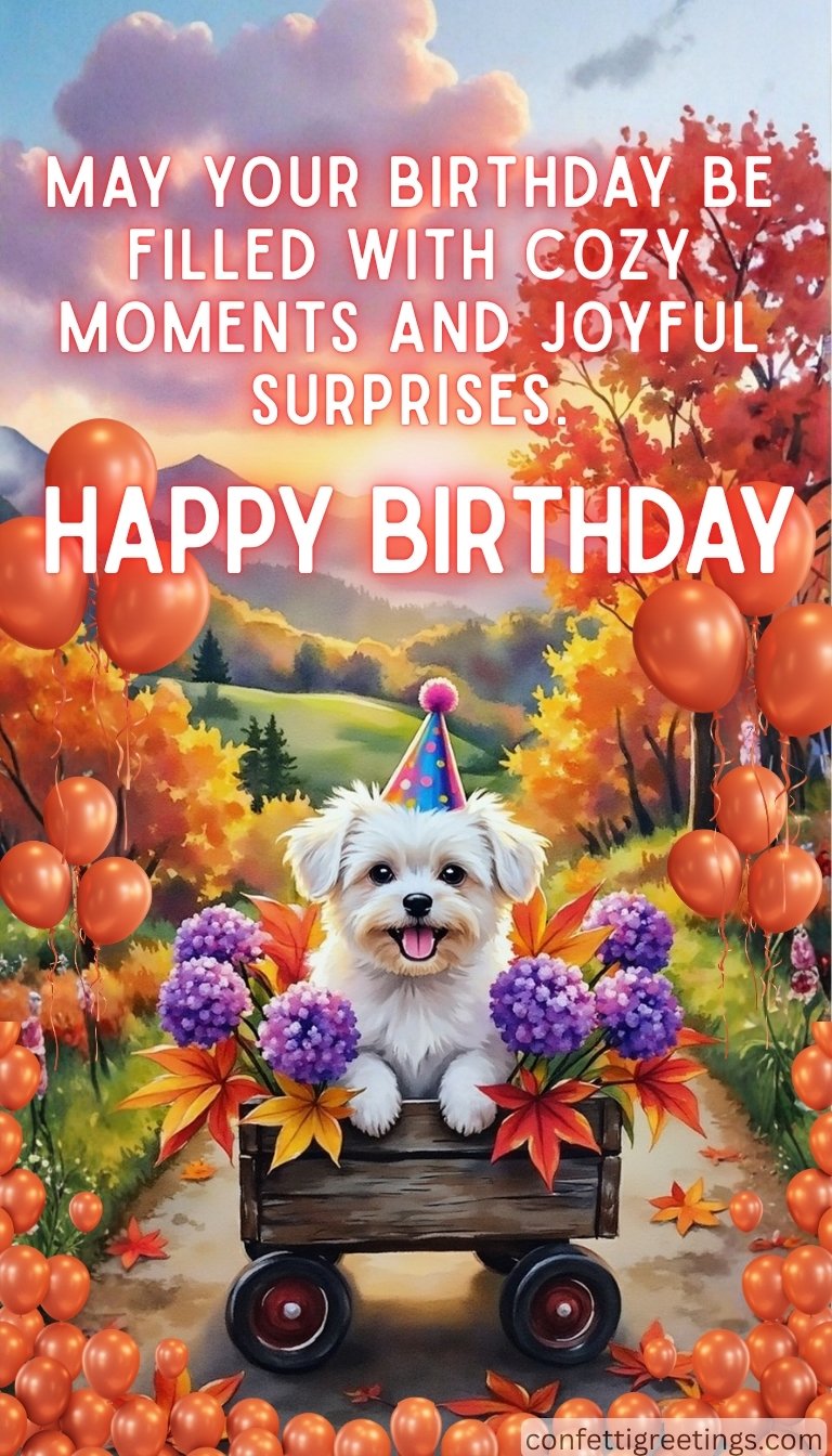 fall birthday greeting - cute dog in a wagon filled with fall flowers and orange balloons