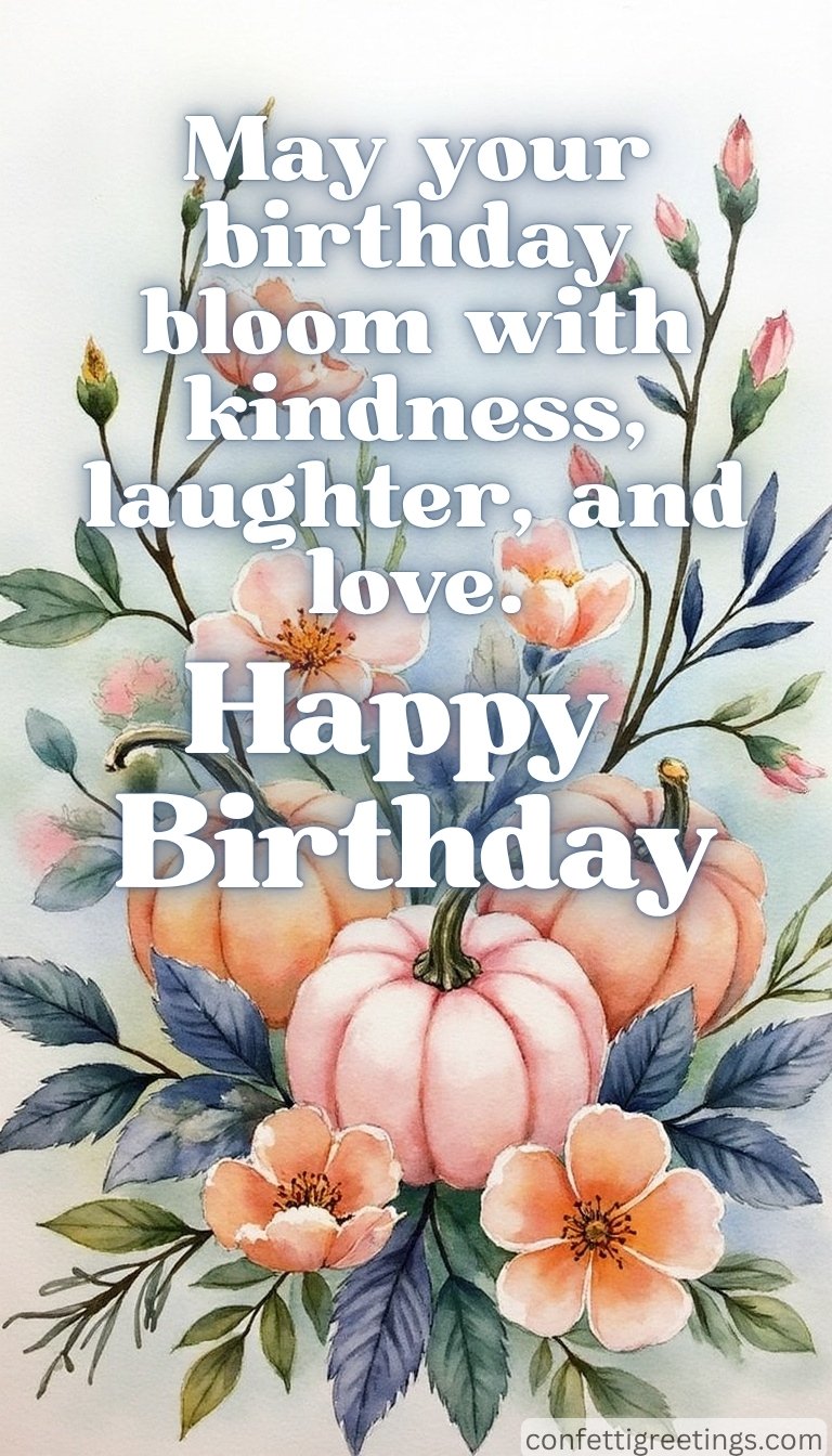 fall birthday greeting - pink pumpkins and sage leaves