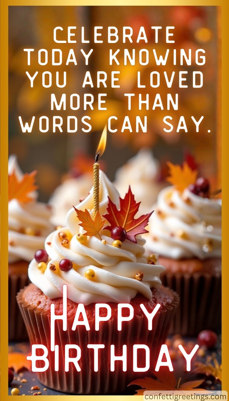 fall birthday greeting - fall decorated cupcake with lit birthday candle