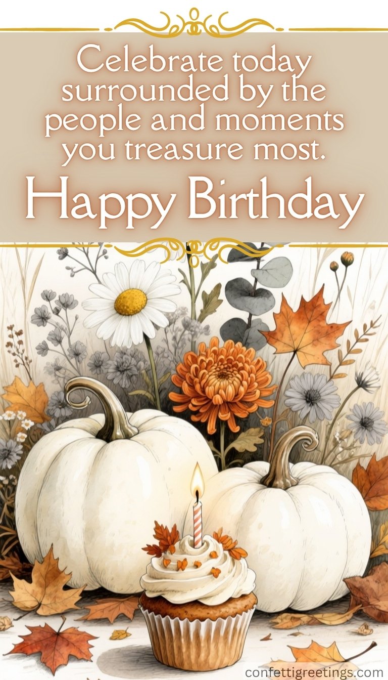 fall birthday greeting - watercolor image of white pumpkins and fall flowers