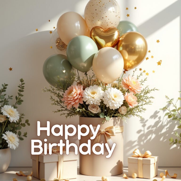 Elegant Happy Birthday Balloon Bouquet Greeting-special birthday with this elegant Happy Birthday greeting featuring a beautiful bouquet of flowers, pastel balloons, gold accents, and thoughtful gift boxes.