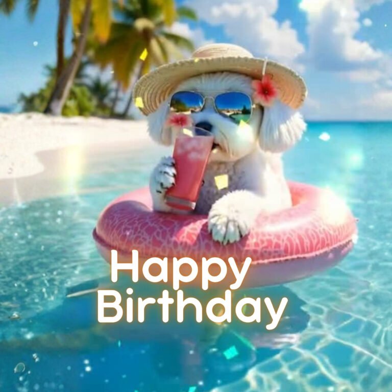 Funny Tropical Happy Birthday Video- white dog with a pink tube wearing a straw hat and sunglasses drinking a pink cocktail