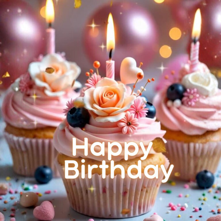 Happy Birthday Cupcake with three frosted cupcakes