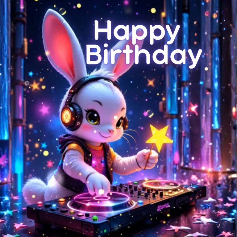 happy birthday disco bunny wearing headphones