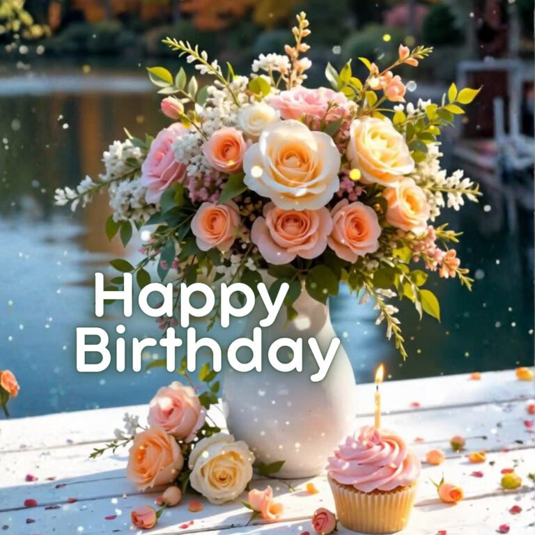 Happy Birthday Floral Bouquet pink roses near a scenic lakeside