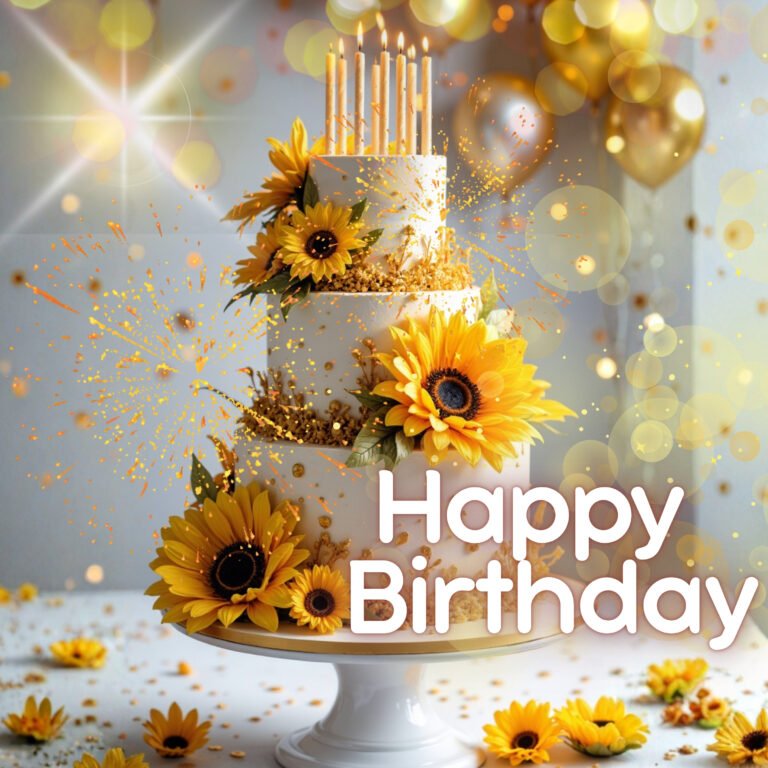 happy birthday card featuring a three tiered birthday cake decorated with sunflowers and lit birthday candles