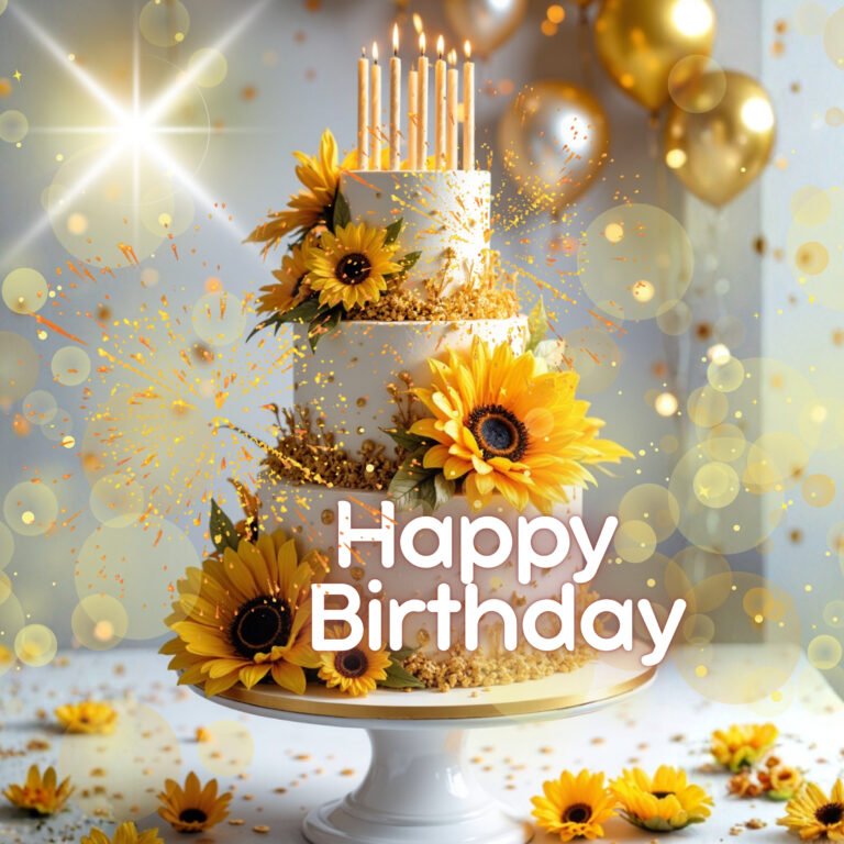 happy birthday card featuring a three tiered birthday cake decorated with sunflowers and lit birthday candles