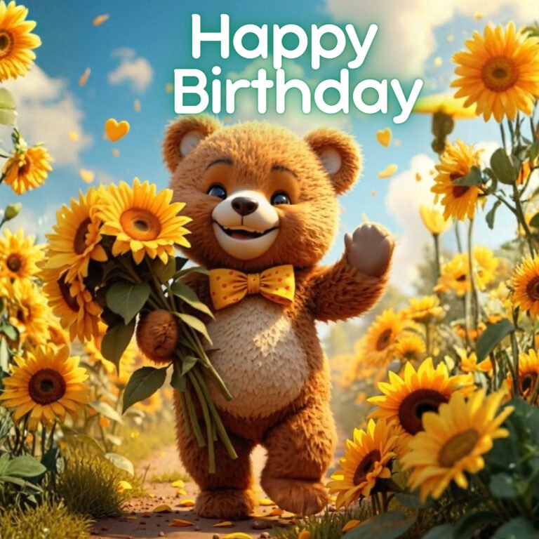Cute teddy bear holding sunflowers with Happy Beary Birthday message.