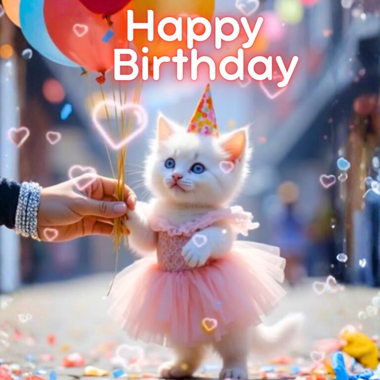 Happy Birthday from Kitty - cute white kitten with balloons