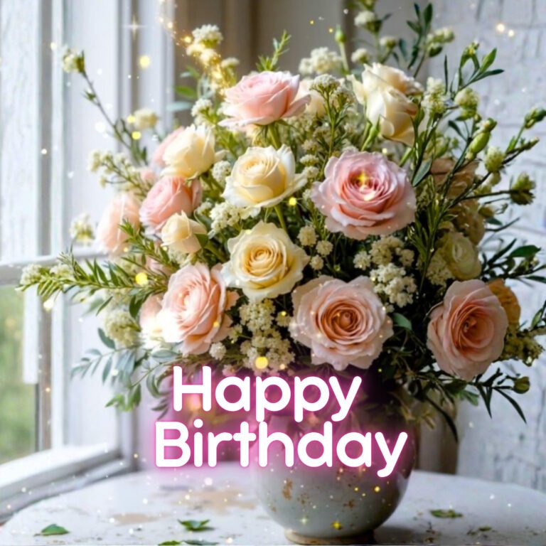 happy birthday pink and cream colored roses