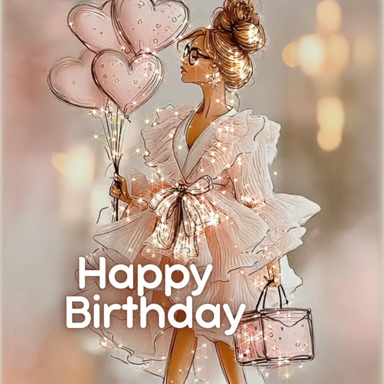elegant birthday greeting - chic animated woman wearing a sparkly pink dress