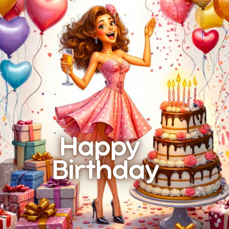 Happy Birthday Dance Party-Animated woman dancing beside a birthday cake with colorful balloons and Happy Birthday message.