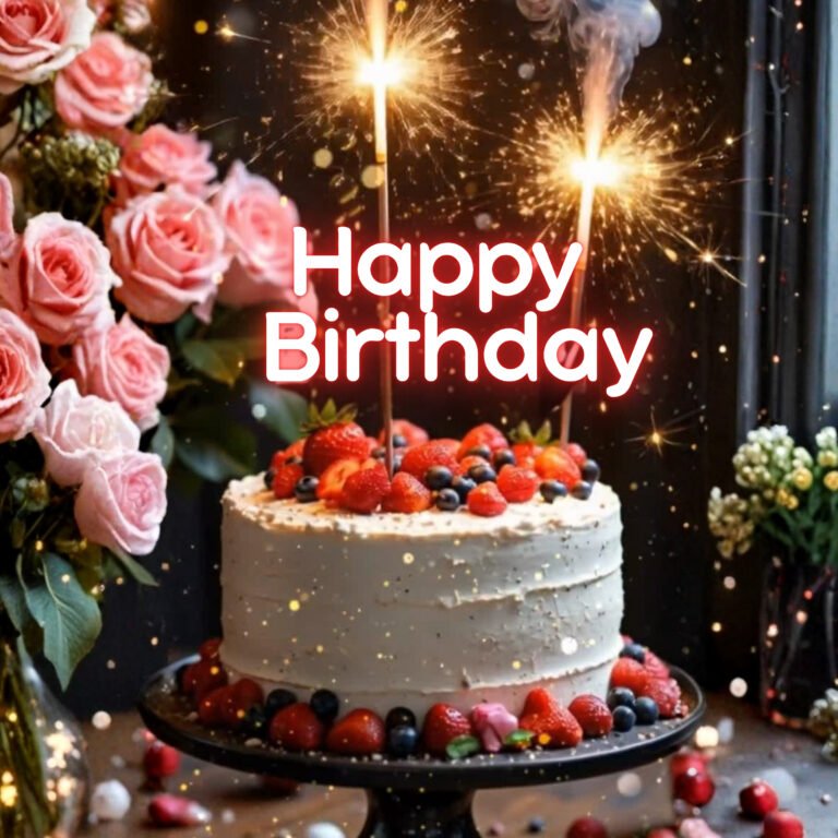 Happy Birthday Sparkler Cake -Elegant birthday cake with sparklers, fresh berries, pink roses, and Happy Birthday message.