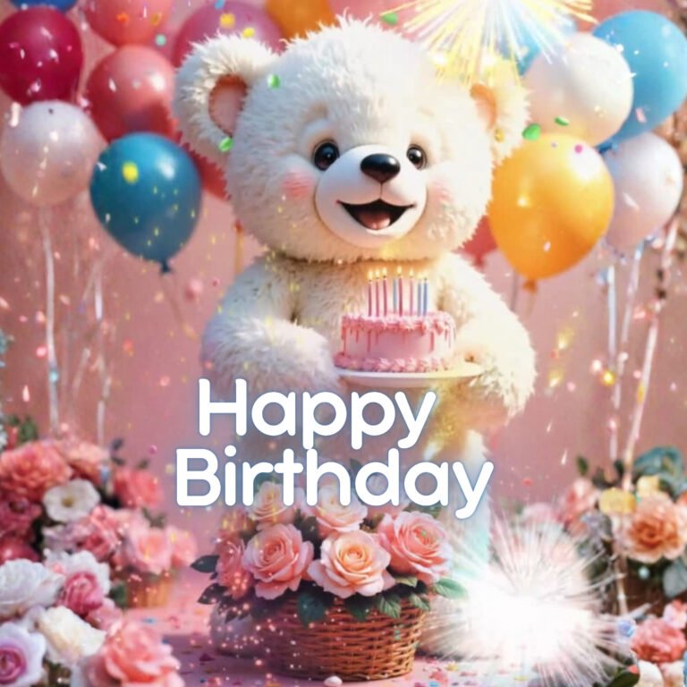 Happy Birthday Teddy Bear holding a birthday cake