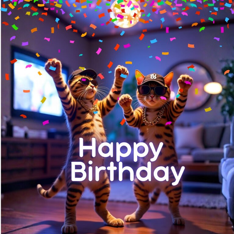 two tabby cats wearing hats and gold chains disco dancing in the living room
