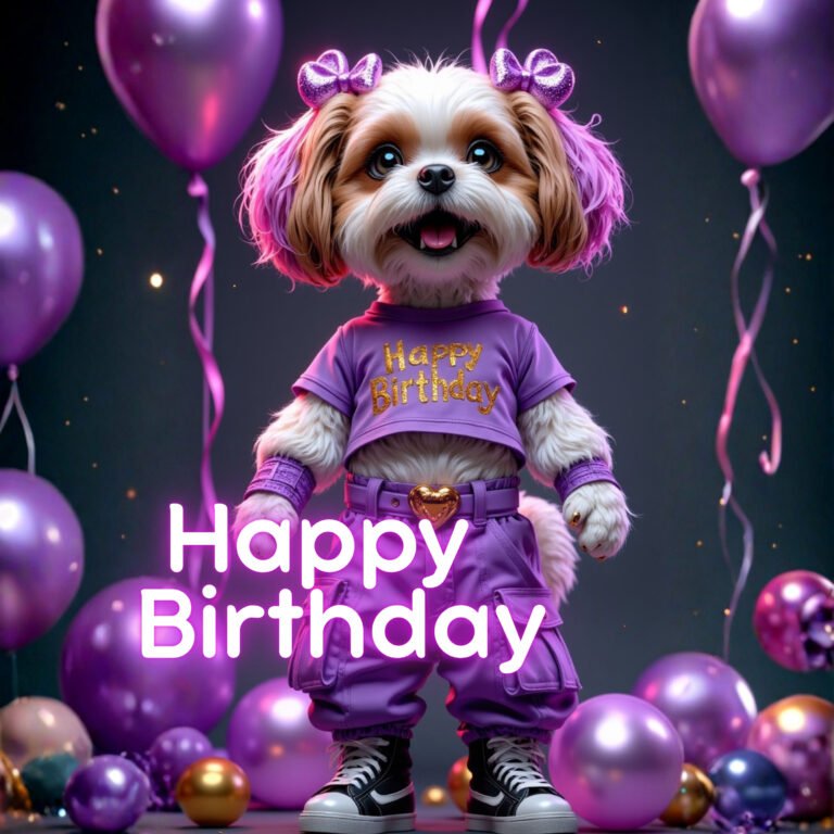 Happy Birthday Dancing Dog dressed in purple jumpsuit
