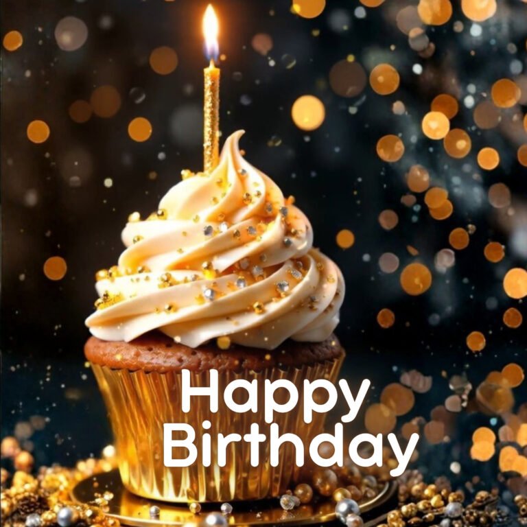 Cupcake birthday greeting-elegant golden cupcake with a lit birthday candle