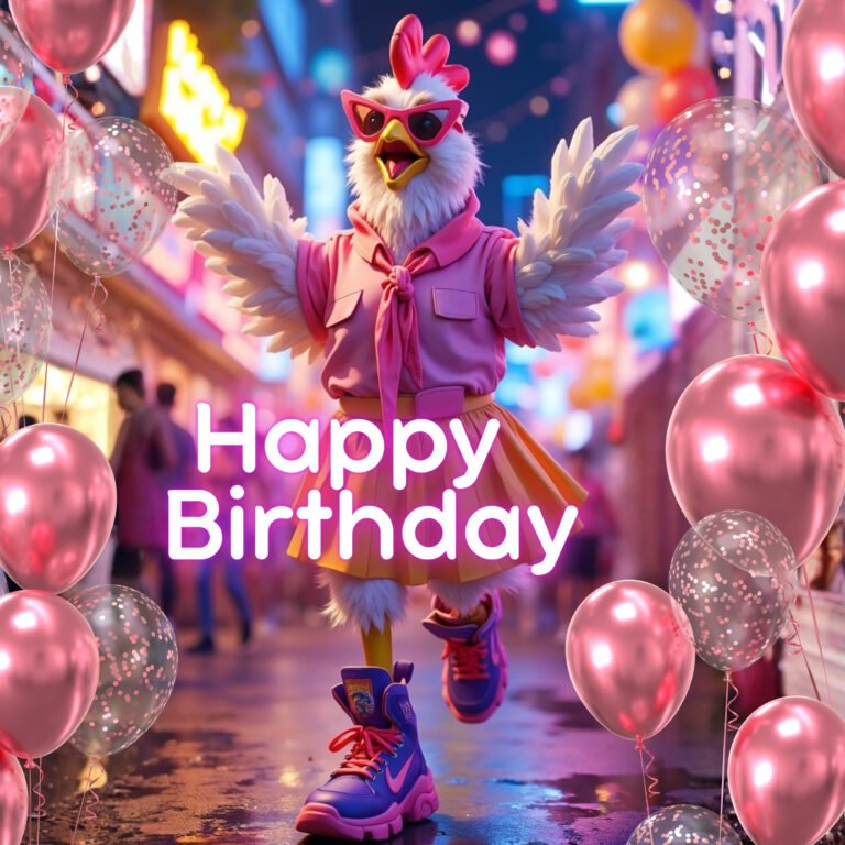 Dancing Chicken Happy Birthday - stylish hip hop chicken wearing a pink top, orange skirts, purple high top sneakers and sunglasses