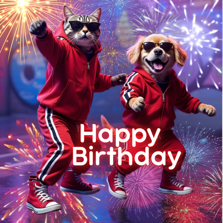 Let's Pawty with a dog and cat wearing red jump suits, black sunglasses and dancing to a birthday song
