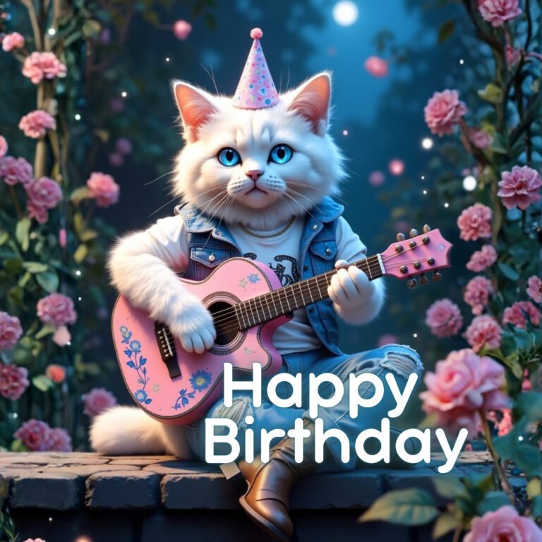 cat birthday card - white cat sings happy birthday and plays a pink guitar
