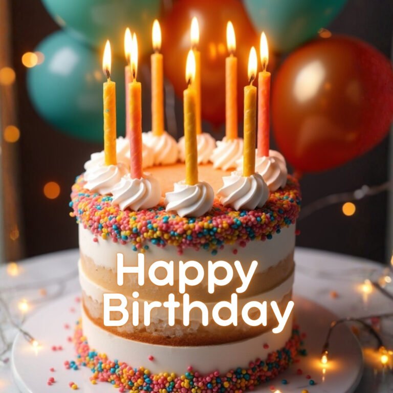 vanilla sprinkle cake with lit birthday candles and colorful balloons