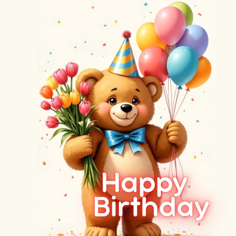 cute teddy bear with flowers, ballons wearing a birthday party hat
